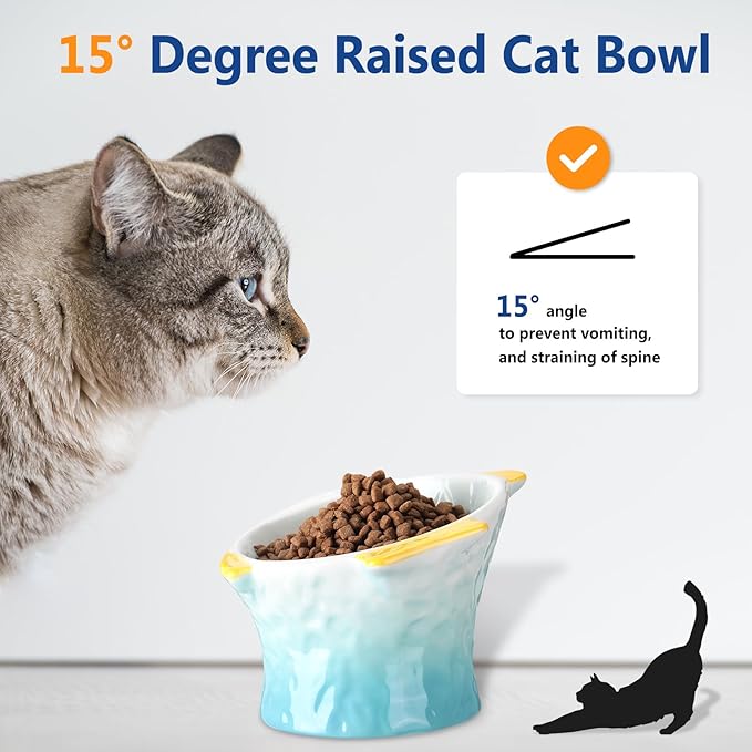 Tioncy 2 Pcs Raised Tilted Ceramic Cat Food Bowl Fish Shape Cute Elevated Slanted Shallow Angled Cat Dish Non Slip Feeder Bowl for Anti-Vomiting and Whisker Fatigue(Green, Pink)