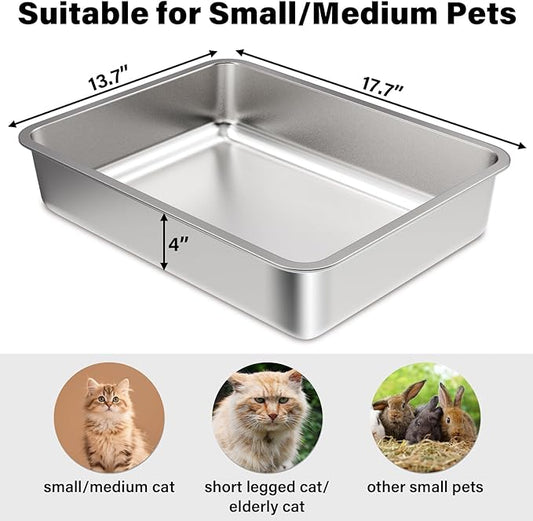 Stainless Steel Litter Box,Small to Medium Litter Box for Kitten 17.7" x 13.7" x 4",Easy Clean Non Stick Easy Entry No Smell Metal Litterbox for Kitty Senior Cat/Rabbits