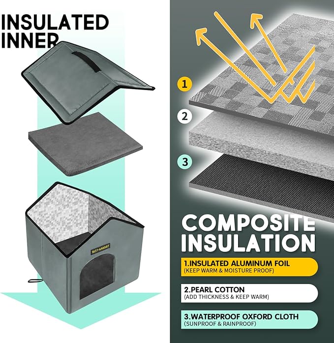 Rest-Eazzzy Cat House for Outdoor Cats, Weatherproof and Insulated Feral Cat House with Mat and Clip, Easy to Put Together, Selfwarming Cat Shelter for Winter, Never Blow Away (Grey, House X 2)