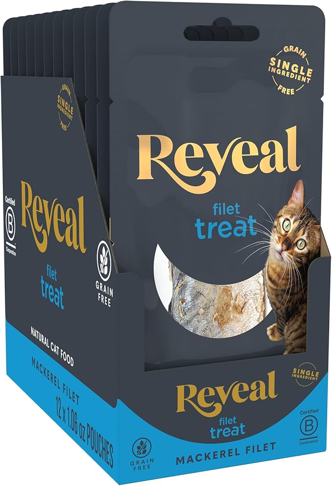 Reveal Natural Whole Protein Fillet Cat Treats, Single Ingredient, Grain Free, High Protein Treats for Cats, for Training, Treating, or Snacking, Whole Mackerel Loin (12 x 1.06 oz Loin)