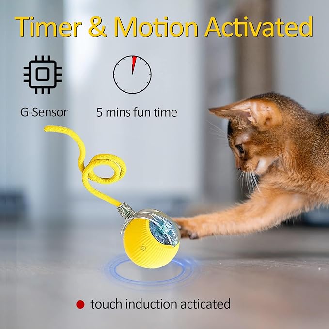 Interactive Cat Toy Ball 2025, Smart Automatic Rolling Ball for Indoor Cats, Fast Moving Mouse Cord Design, Self-Rolling Cat Toy on Carpet, Fun Gift for Kittens & Cats (Yellow)