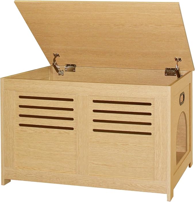 DINZI LVJ Litter Box Enclosure, Flip Top Litter Box Furniture, Hidden Cat Washroom, Wooden Cat House, End Table, 31.5" L x 19.7" W x 19.7" H, Good Ventilation, Easy to Assemble, Natural