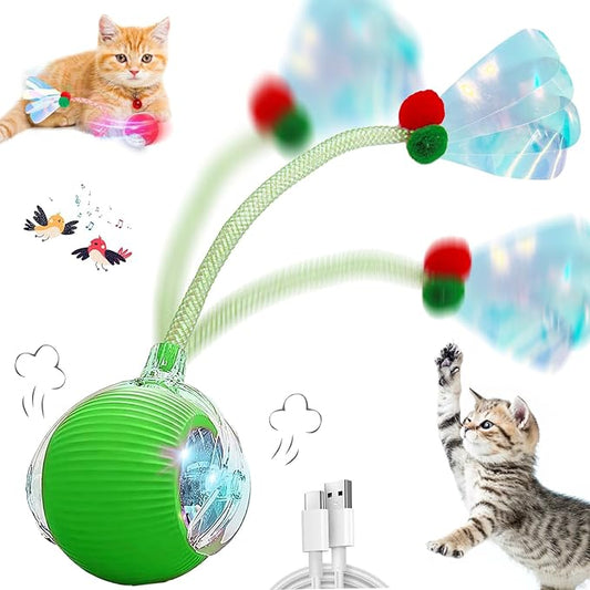 Interactive Cat Toys for Indoor Cats, Automatic Cat Toy with Elastic Mesh Tail, Electric Rolling Ball on Carpet, Chirping and Motion Activate Cat (Green)