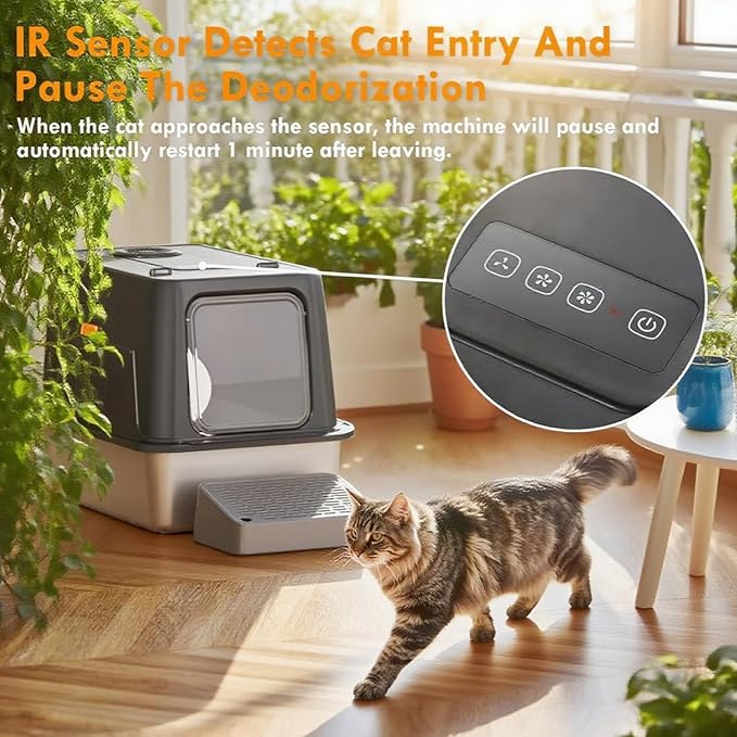 Stainless Steel Smart Cat Litter Box with IR Sensor Automatic Odor Control for A Home, Low Noise Design Automatic, Hygienic, and Easy-Clean Design for Multiple Cats