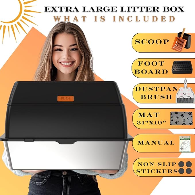 Stainless Steel Litter Box with Lid, Metal Litter Box with Scoop and Pedal, Non-Stick Top Entry Kitty Box, Covered Litter Boxes, Extra Large Cat Stainless Litter Boxes with Mat (Black)