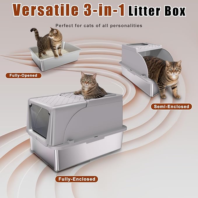 Stainless Steel Cat Litter Box with Lid, 180° Flip Top XL Enclosed Litter Box with Trapping Mat & Metal Scoop, Front Top Dual Entry Steel Extra Large Cat Litter Pan