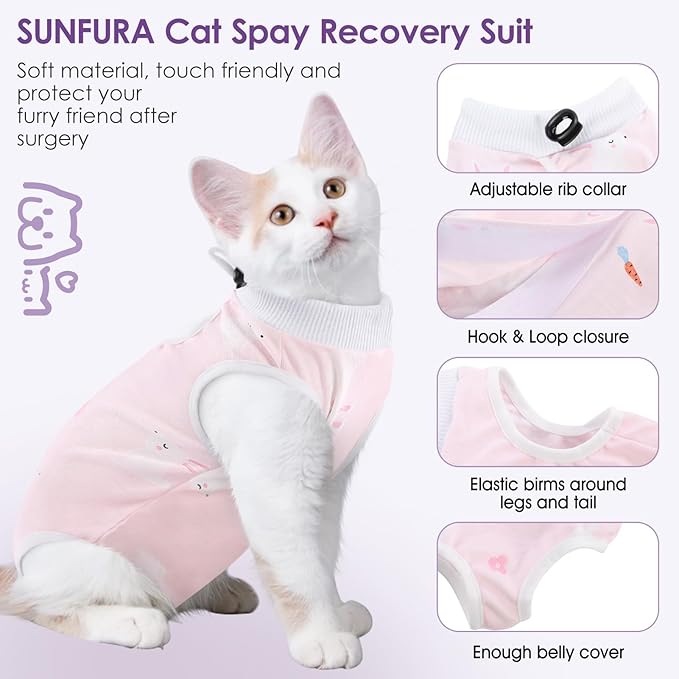 SUNFURA Cat Recovery Suit, Kitten Surgical Full Bodysuit for Abdominal Wound Protector Anti Licking After Surgery, Professional Bandages Cone E-Collar Alternative for Small Male & Female Pets
