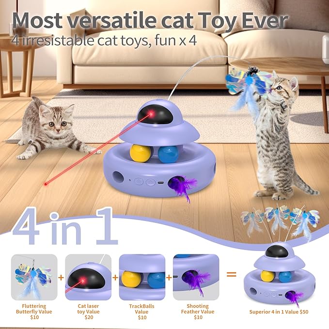 Cat Toy,Purple 4-in-1 Interactive,Cat Toys for Bored Indoor Adult Cats,Electric Flying Butterfly,Rechargeable Automatic Toy,Moving Ambush Feather,Track Balls