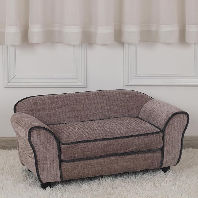 Pet Sofa/Dog Bed with Luxury Striped Fleece Pet Bed Animal Sleeping Bed， Small Dog and Cat Couch Bed (Light Brown)