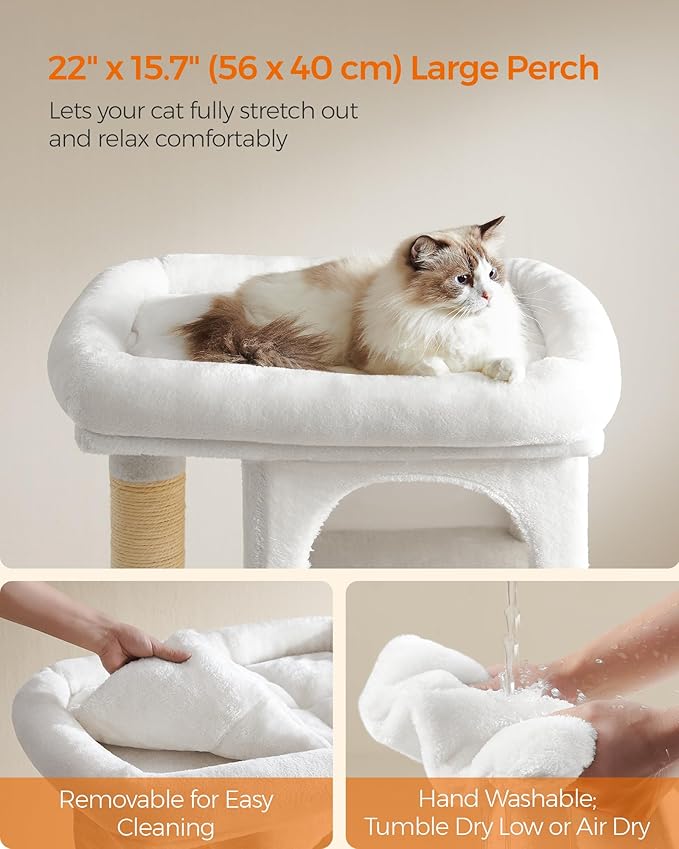 Feandrea Cat Tree, 33.1-Inch Cat Tower, L, Cat Condo for Large Cats up to 16 lb, Large Cat Perch, 2 Cat Caves, Scratching Post, Cream White UPCT061T01