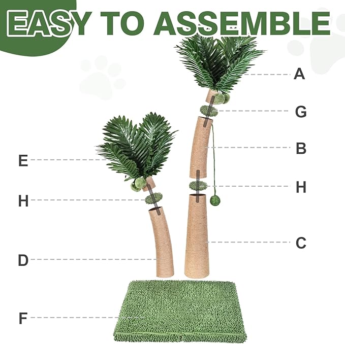 Palm Tree Cat Scratching Post, 36'' Cat Scratcher Post with Natural Sisal Rope, 5 Interactive Balls and 2 Curved Design Scratching Posts for Indoor Cats Adults and Kittens, Multi-Combinable (Style C)