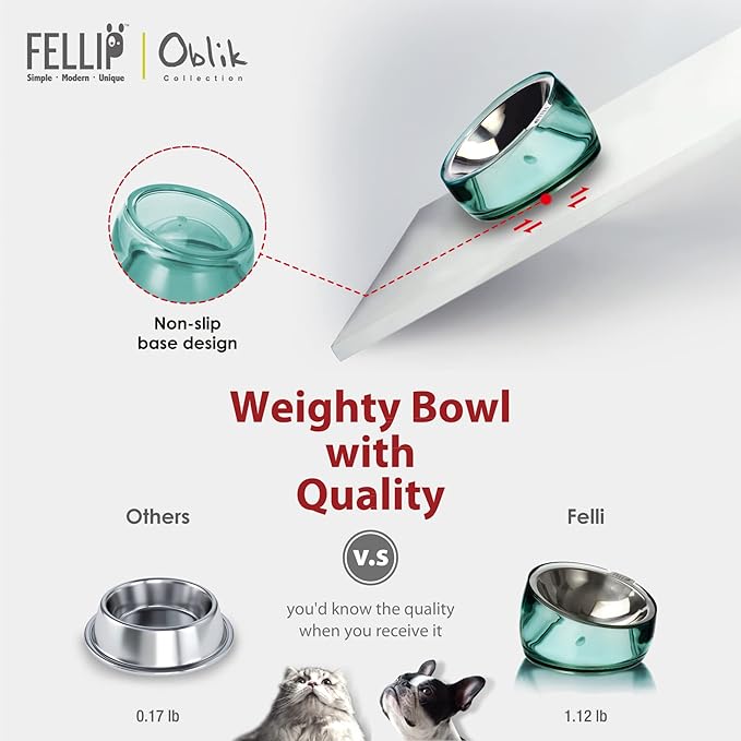 Felli Oblik Elevated Cat Food Bowls 304 Stainless Steel Removable Flat Dish for Whisker Fatigue & Dishwasher Easy Clean, Raised 15° Tilted Stand Non Slip, Wide Metal Plate Anti Vomit (0.5Cup, Classic)