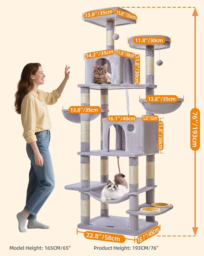 Taoqimiao 76-Inch Cat Tree Cat Tower for Indoor Cats, Plush Multi-Level Cat Condo with 12 Scratching Posts, 2 Perches, 2 Caves, Hammock, 2 Pompoms MS016W Light Gray
