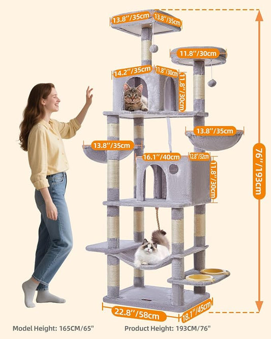 Taoqimiao 76-Inch Cat Tree Cat Tower for Indoor Cats, Plush Multi-Level Cat Condo with 12 Scratching Posts, 2 Perches, 2 Caves, Hammock, 2 Pompoms MS016W Light Gray