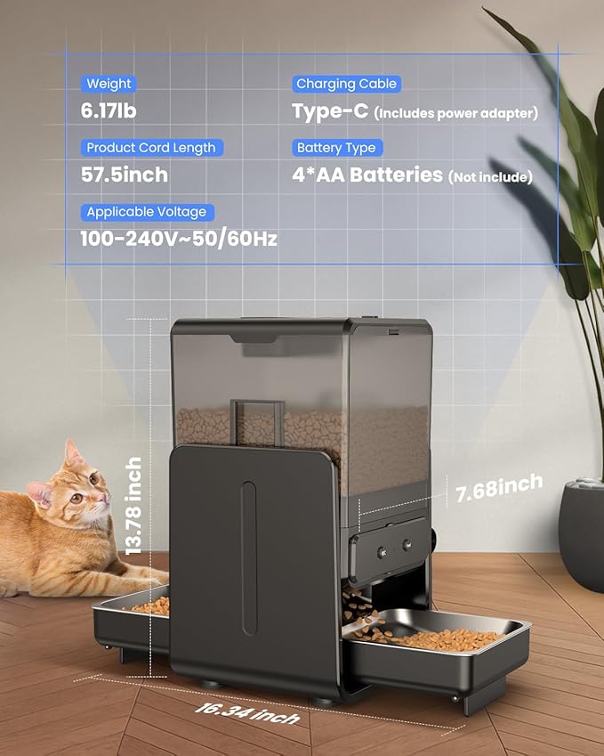 Automatic Cat Feeder with 5G WiFi for 2 Cats, Adjustable Height for Small Pets, Dual Bowls, 20 Cups/5L Dry Food Auto Pet Dispenser, Voice Record, Timed Cat Feeder with APP Control