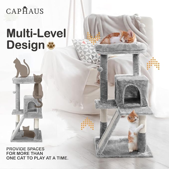 CAPHAUS Cat Tower for Indoor Cats, Modern Cute 37-Inch Small Cat Tree with Widened Perch for Large Cats Kittens, Multi-Level Cat Activity Tree with Scratching Posts and Ramp, 2-Door Cat Cave Condo