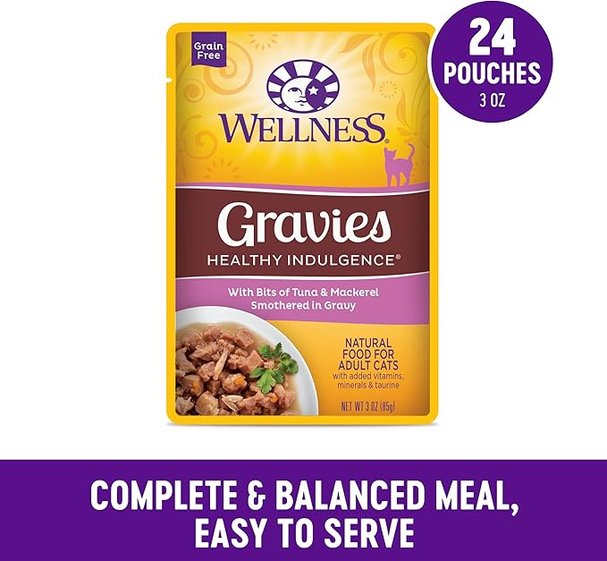 Wellness Healthy Indulgence Gravy Adult Wet Cat Food, Natural, Protein-Rich, Grain Free, 3 Ounce Pouch, 24 Pack, (Tuna & Mackerel)