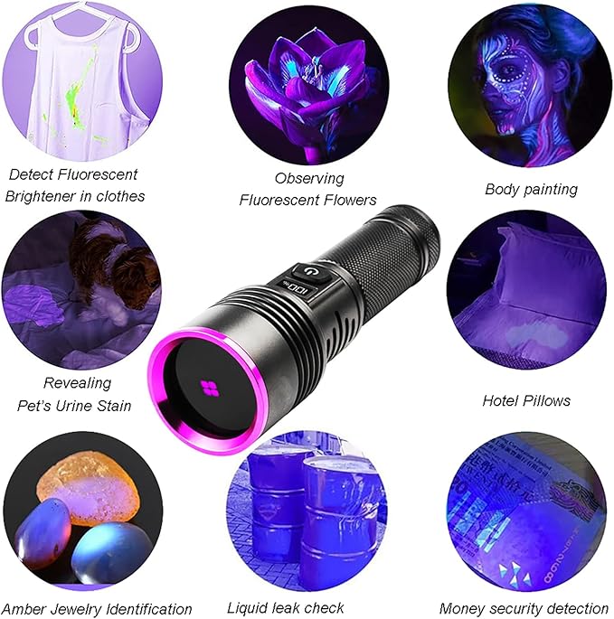 UV Flashlight 30W, 7000 mAh High Power 365nm UV Light, 4-Core LED USB Rechargeable Black Light Flashlight for Dog, Cat Urine, Dry Stains, AC Leak, Uranium Glass, Bed Bug