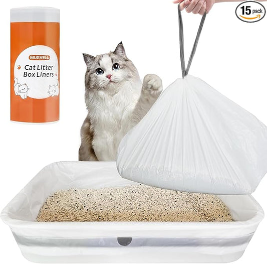 Cat Litter Box Liners, 15 Count Jumbo Size Litter Box Bags with Drawstring, Large Heavy Duty Litter Liners for Self Cleaning Cat Litter Box, Tear Leak Resistant for Pet Supplies(37" x 18")