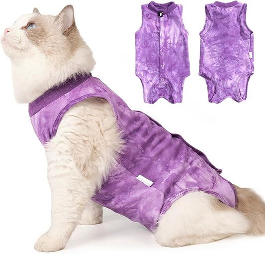 Cat Recovery Suit for Male and Female Surgical Post Surgery Soft Cone Onesie Tie Dye Cats Shirt Clothes Neuter Licking Protective Diapers Outfit Cover Kitten Spay Collar Alternative(Purple, M)