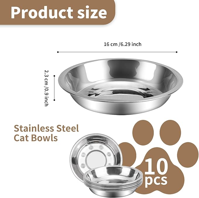 HUOIQUE 10 Pcs Stainless Steel Bowls, Whisker Fatigue Cat Bowl for Food and Water, Metal Shallow Cat Dishes, 6.2 Inches (Thicker)