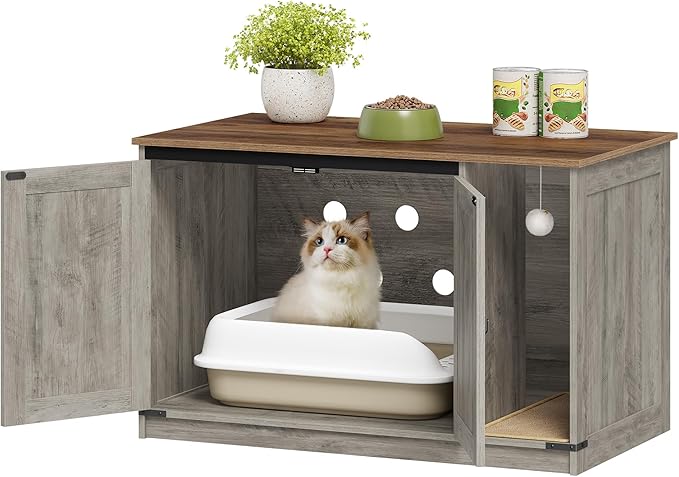 Cat Litter Box Enclosure, Hidden Litter Box Cabinet Furniture with Bell, Indoor Cat House, Farmhouse Style, 39.4 x 21.7X 24.8 Inches, for Hallway, Bedroom, Greige CB85205X