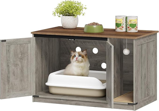 Cat Litter Box Enclosure, Hidden Litter Box Cabinet Furniture with Bell, Indoor Cat House, Farmhouse Style, 39.4 x 21.7X 24.8 Inches, for Hallway, Bedroom, Greige CB85205X