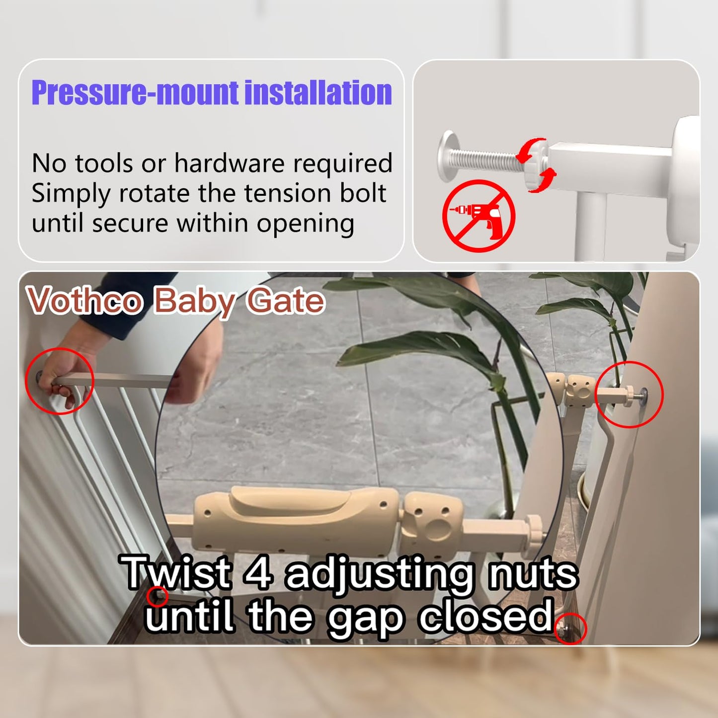 Walk Through Baby & Dog Gate 29-38.5 Inch, Pressure Mounted No Drilling, Adjustable Indoor Safety Gate for Stairs & Doorways - Metal Design for Kids and Pets, White