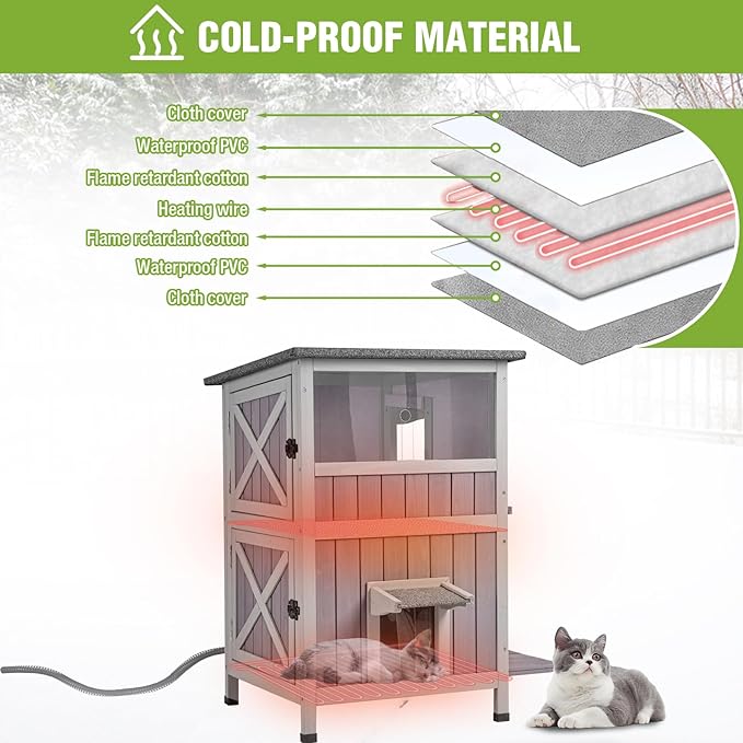 GUTINNEEN 2-Story Heated Cat House Large Outdoor Insulated Cat House Weatherproof Feral Cat Shelter with Heated Pad, Insulated All-Round Thermal Liner for 1-4 Cats (Winter-Ready)