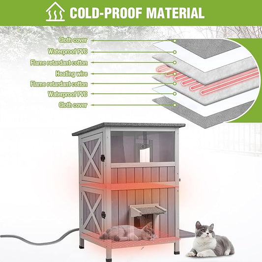 GUTINNEEN 2-Story Heated Cat House Large Outdoor Insulated Cat House Weatherproof Feral Cat Shelter with Heated Pad, Insulated All-Round Thermal Liner for 1-4 Cats (Winter-Ready)