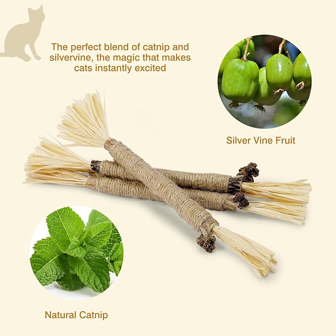 4 Pack Silvervine Sticks for Cats - Cat Chew Toy for Teeth Cleaning, Edible Matatabi Kitty Chew Sticks, Catnip Cat Toys for Indoor Cats