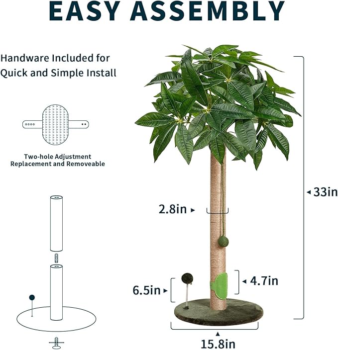 Cat Scratching Post 33" Tall Sisal Rope Cat Scratcher for Indoor Cats with Cat Toys Interactive Ball Self Groomer for Kittens Cats Adults