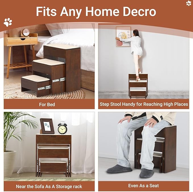 Dog Steps for Bed, 21 Inch Foldable Pet Stairs, Wooden Furniture Style Cat Stairs for Couch, No Installation 3 Tier