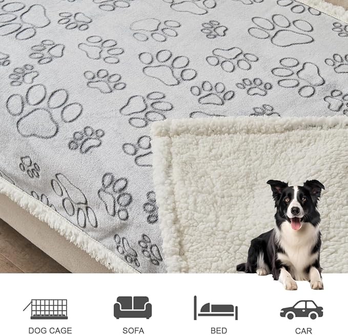 Qeils Pet Blankets for Couches, Waterproof Dog Blankets for Large Dogs, Sherpa Fleece Puppy Blanket, Soft Plush Reversible Dog Blanket, Couch Cover for Dogs Washable, 30"X70", Grey Paw Print