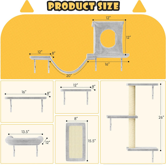 NUNU LAB Wall Mounted Cat Furniture, 6 Pcs Cat Wall Shelves with Condo House, Bridge, Steps, Scratcher, Hammock, Indoor Safe & Stable Furniture for Kittens Play, Gray