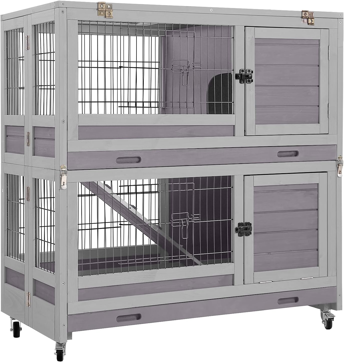 Aivituvin Large Rabbit Hutch Indoor and Outdoor Folding Bunny Cage on Wheels Guinea Pig Cage with Deep No Leak Pull Out Tray,Upgrade Version (Light Gray)