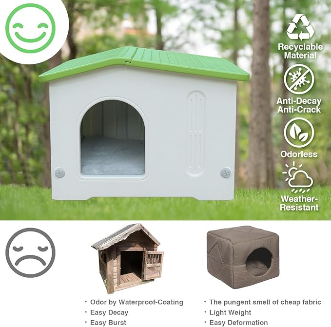 Plastic Cat House for Outdoor Use, Stackable Feral Cat Shelter Indoor Outside Cat House Insulated Weatherproof Waterproof with Cat Mat - Green