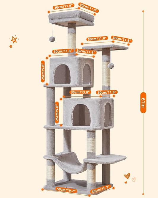 Taoqimiao Cat Tree, 61-Inch Cat Tower for Indoor Cats, Plush Multi-Level Cat Condo with 5 Scratching Posts, 2 Perches, 2 Caves, Hammock, 2 Pompoms, Light Gray MS013SW