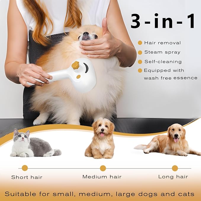 Pet Steam Brush for Dog & Cat – 3-in-1 Spray Hair Removal Comb – Steam for Shedding & Grooming – Water Brush for Long & Short Haired Pets – Spritz Defur Comb – Includes Waterless Shampoo