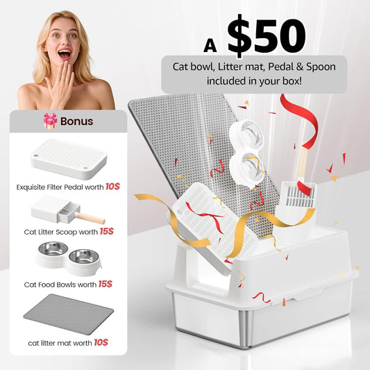 Stainless Steel Cat Litter Box - Enclosed XL Metal Kitty Litter Box with Lid for Big Cats, High Sided, Anti-Leakage, Easy Cleaning, Non-Sticky, Included Litter Mat, Cat Bowl & Spoon