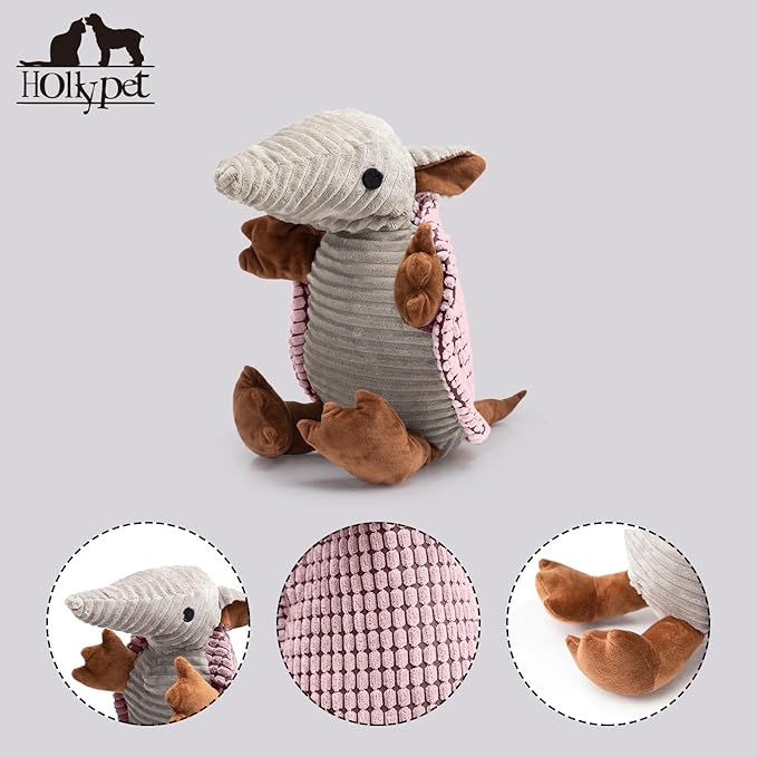 Hollypet Plush Dog Squeaky Toy Stuffed Armadillo Animal Pet Puppy Chew Toys with Clean Teeth for Small Medium Large All Breed Sizes Dogs, Pink, 14 in