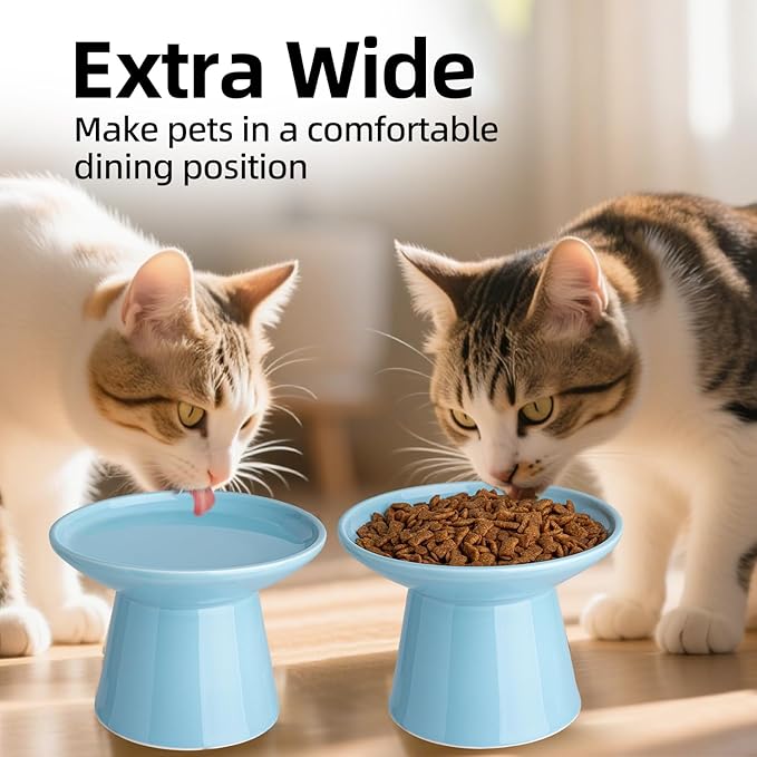 6.2 Inch Extra Wide Elevated Ceramic Cat Bowls, Food and Water Bowl Set for Elder Big Cats Small Dogs, Raised Design for Pet Easy Eating, Protect Cat's Spine Set of 1(Blue-1pc
