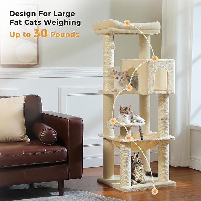 Large Cat Tree for Indoor Cats Large Adult, 57.8" Heavy Duty Cat Tower with Reinforced Scratching Posts (φ3.7in) and Plush Larger Hammock for Maine Coon & Big Cats, Supports 30lbs, Beige