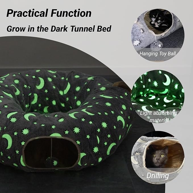 LUCKITTY Cat Tunnel Bed Tube with Cushion and Plush Ball Toy Playground Crinkle Collapsible Self-Luminous Flannel Fabric 3FT for Large Cats Kittens Kitty Small Animals Puppy Grey Moon Star