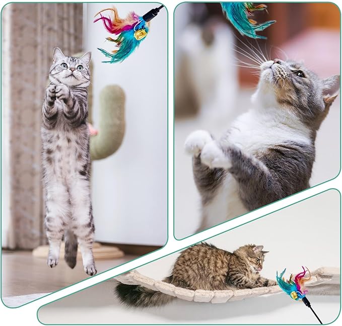 Cat Feather Toys, Cat Toy with Elastic Turkey Feathers, Interactive Teaser Wand with Bell, Durable Flexible Rod for Playful Kittens and Cats, Indoor Entertainment for Pets (1.64")