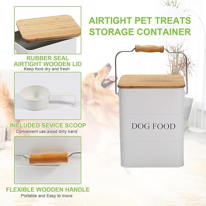 Dog Food storage container Dog Treats Jar,5~6 lb Metal food treats tin for Dog, pet snacks Canisters with wooden lid/handle/sevice scoop-White