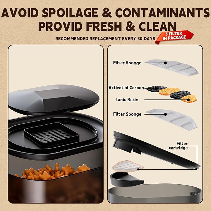 Automatic Cat Feeder & Fountain, 3L Timed Dry Food Dispenser, 10 Portions 1-4 Daily Meals, Auto Feeder with Desiccant Bag, Water Dispenser with Filter, Wire or Battery Powered