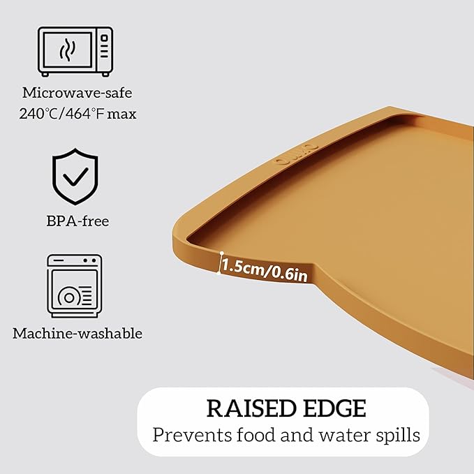 OHMO Dog Food Mat(Honey, 24 * 15'') w/Residue Collection Pocket Silicone Pet Feeding Mat for Floor High Edges Anti Spills Waterproof Cat Water Bowl Tray, Easy Clean Placemat