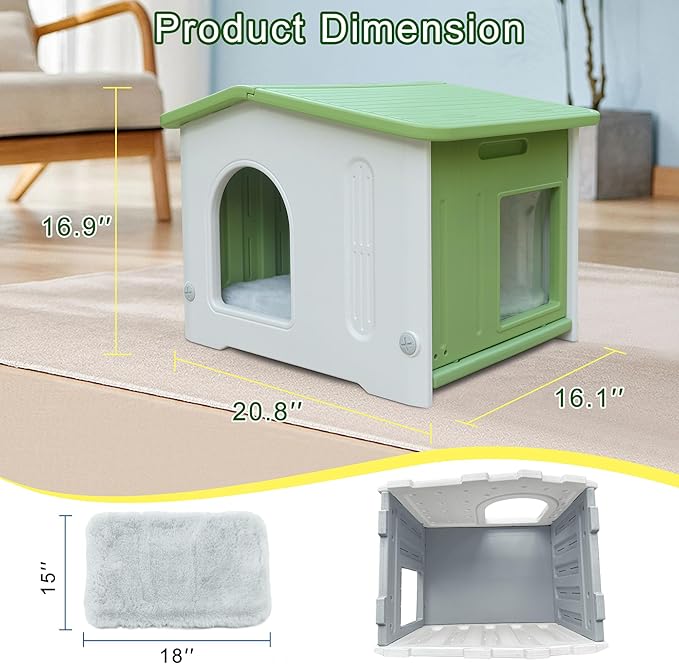 Plastic Cat House for Outdoor Use, Stackable Feral Cat Shelter Indoor Outside Cat House Insulated Weatherproof Waterproof with Cat Mat - Green