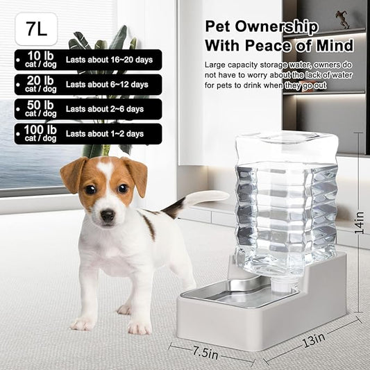 RIZZARI Stainless Steel Pet Water Feeder: 7L Automatic Leak-Proof Gravity Dispenser for Cats Dogs Indoor Outdoor Use（Beige Without Filter,7L）